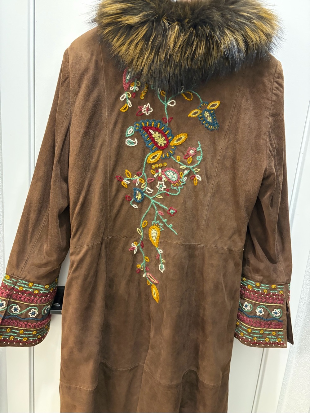 Double D Ranch Brown Leather Trench Coat with Fur Trim and Embroidered Cuffs - Picture 2 of 6